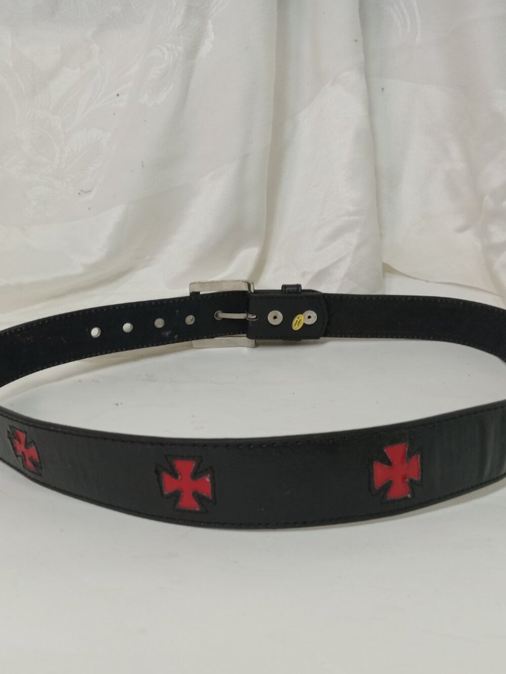 Red Maltese Iron Cross Belt Black Leather Men's Italy Style L 38-40" D55